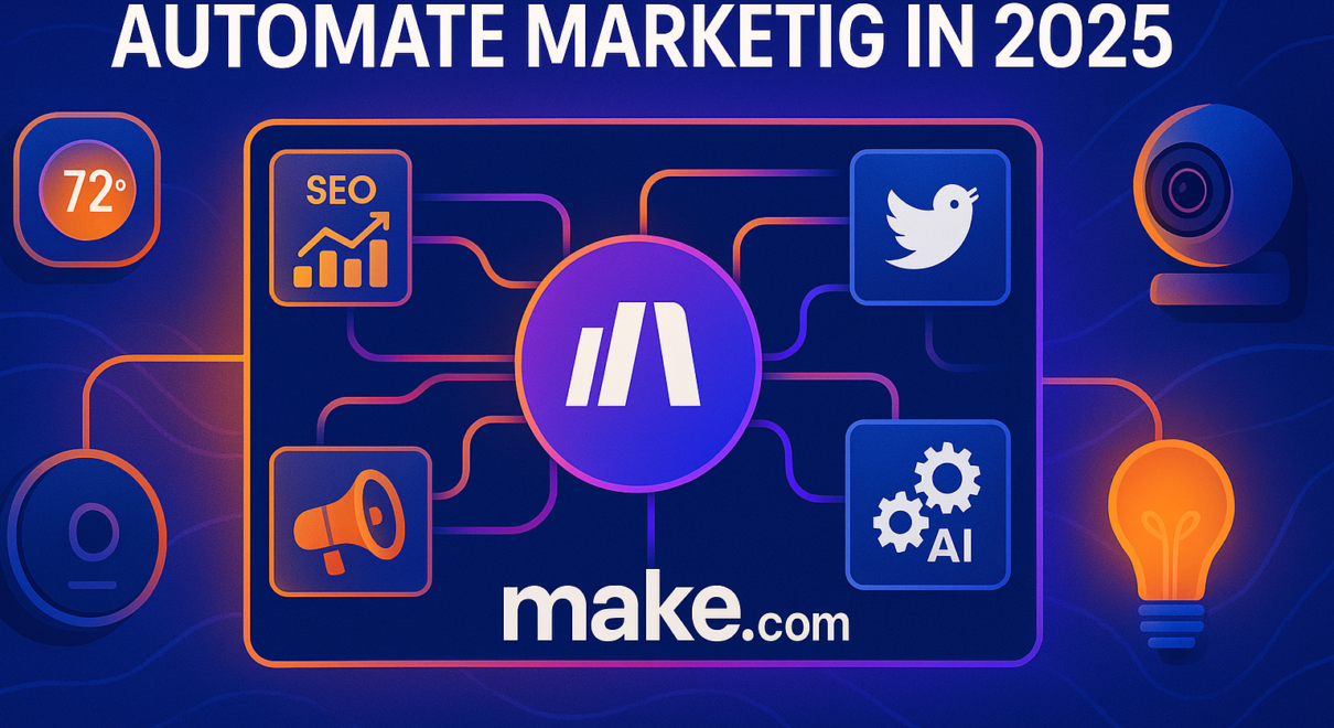 Futuristic infographic-style illustration featuring a central Make.com logo on a digital dashboard, with interconnected icons representing SEO analytics, social media, AI automation, and marketing tools. Surrounding the dashboard are smart home devices like a thermostat, camera, and lightbulb. The background features a sleek blue and orange gradient. Bold white text at the top reads: ‘Automate Marketing in 2025’.