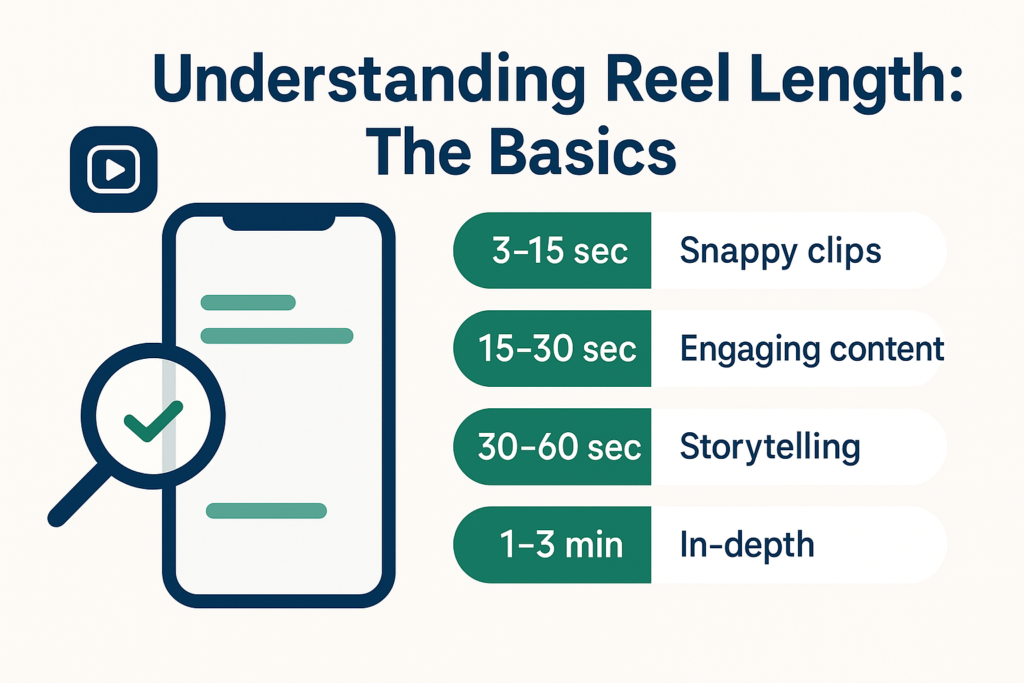 Minimalist infographic titled 'Understanding Reel Length: The Basics' showing four Instagram Reel duration ranges—3–15 seconds, 15–30 seconds, 30–60 seconds, and 1–3 minutes—each paired with simple icons and brief descriptions. Uses a clean layout with Praesto Marketing’s brand colors: dark blue, green, and white.
