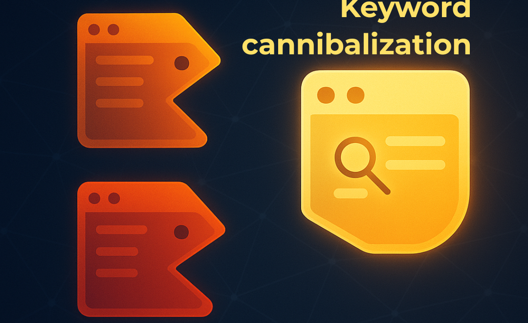 Two red-orange web page icons shaped like Pac-Man chase a glowing yellow page with a magnifying glass symbol, representing keyword targeting and SEO cannibalization.
