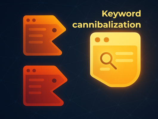Two red-orange web page icons shaped like Pac-Man chase a glowing yellow page with a magnifying glass symbol, representing keyword targeting and SEO cannibalization.