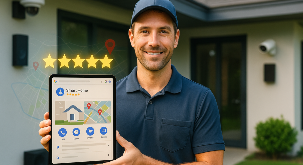 Smart home technician standing in front of a modern house, smiling and holding a tablet displaying a glowing Google Business Profile with five-star reviews and map location pins. Visible smart security cameras and speakers are installed on the building exterior.