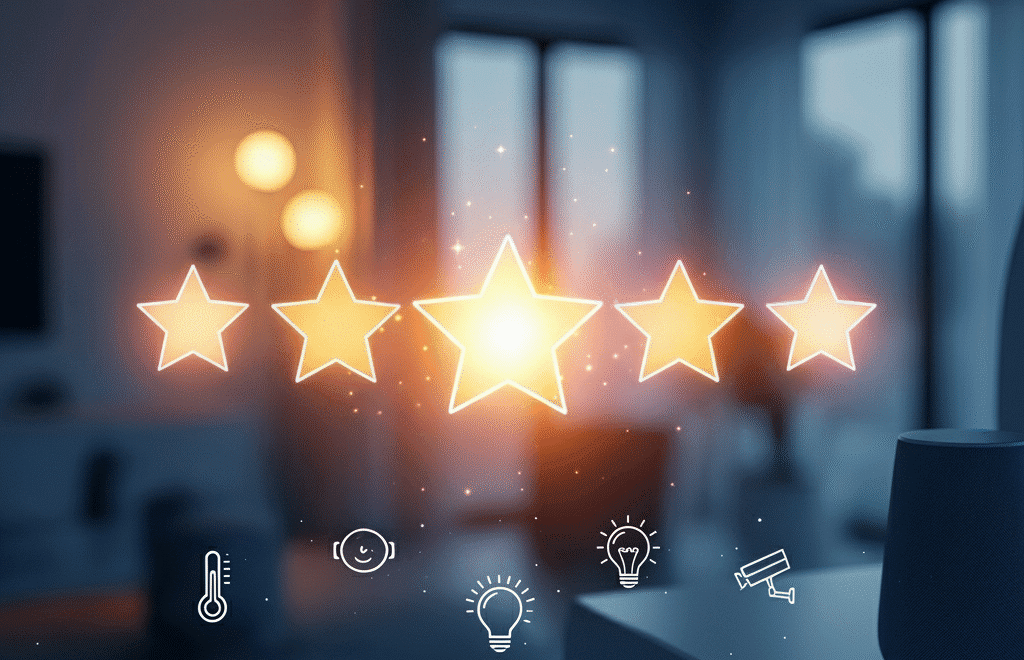 An image with a glowing five-star rating icon floating over a modern, blurry smart home interior. At the bottom, minimalistic line icons for a thermostat, a happy person, a light bulb, and a security camera are connected by a subtle network of lines.