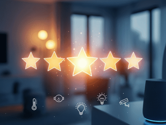 An image with a glowing five-star rating icon floating over a modern, blurry smart home interior. At the bottom, minimalistic line icons for a thermostat, a happy person, a light bulb, and a security camera are connected by a subtle network of lines.